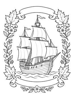 Historic Mayflower coloring page framed by autumn maple leaves and blank scrolls.