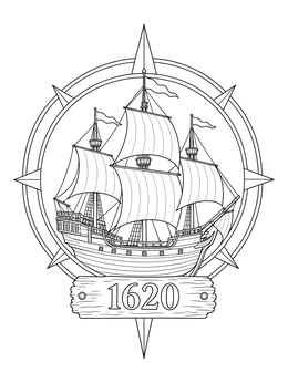 Historic ship framed by a compass rose in this mayflower coloring page.