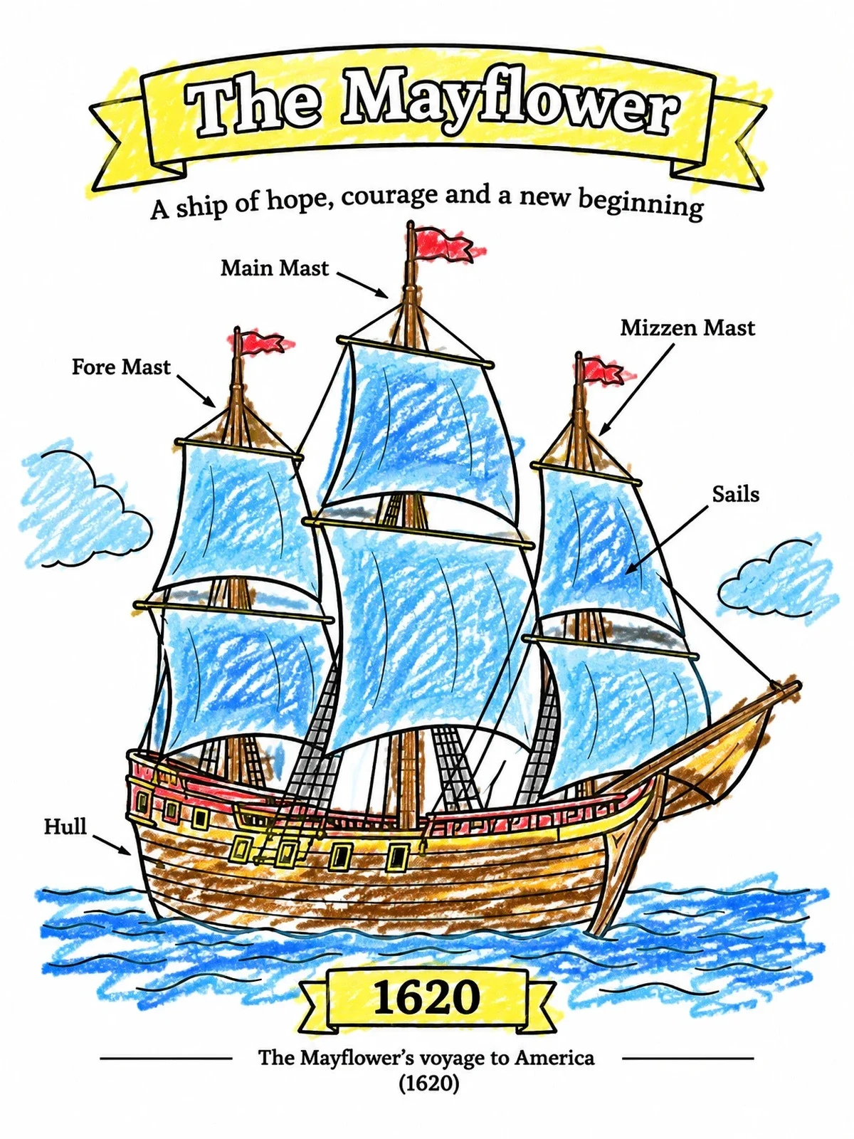 Colored example of the The Mayflower Ship With Educational Labels coloring page