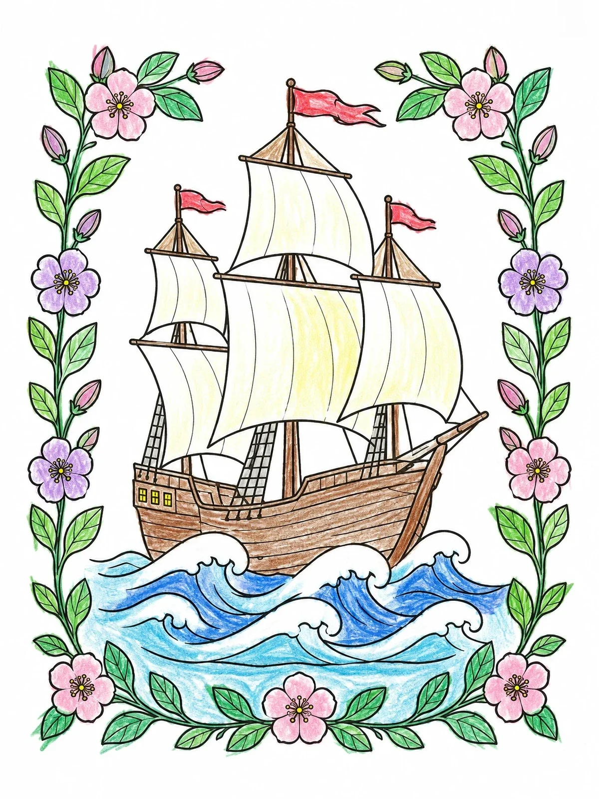 Colored example of the Mayflower Ship With Floral Border coloring page