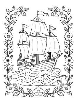 Detailed mayflower coloring page showing a historic wooden ship on waves framed by blossoming vines.