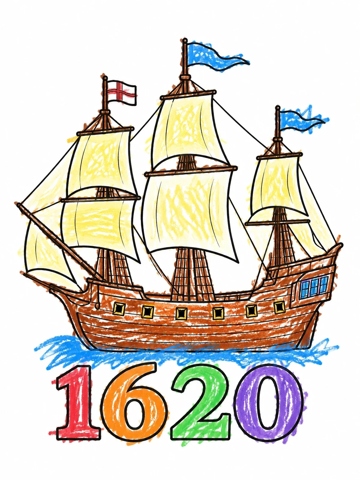 Colored example of the Mayflower Ship With 1620 Date coloring page