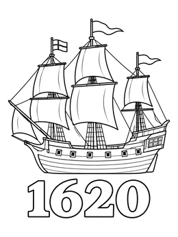 A detailed Mayflower coloring page featuring the historic ship above the year 1620.