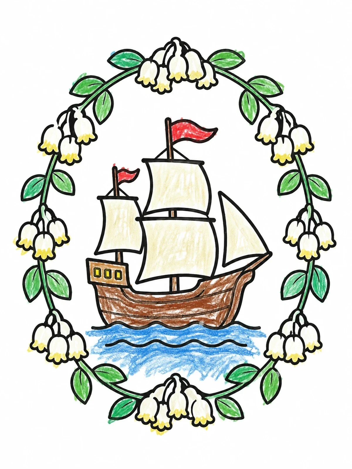 Colored example of the Mayflower Ship In Floral Wreath coloring page