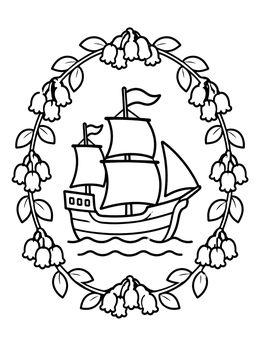Free printable Mayflower Ship In Floral Wreath coloring page