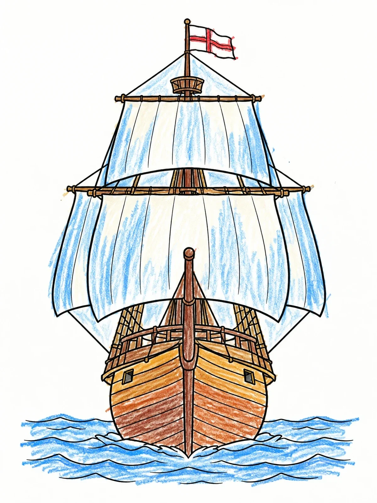 Colored example of the Mayflower Ship Sailing Head On coloring page