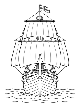 A frontal mayflower coloring page showing large billowing sails and wooden hull.