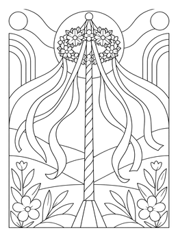 A decorated maypole stands in a spring meadow in this detailed may coloring page.