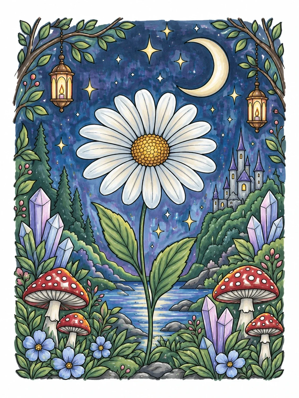 Colored example of the Enchanted Daisy In Night Landscape coloring page