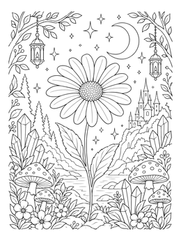 Free printable Enchanted Daisy In Night Landscape coloring page