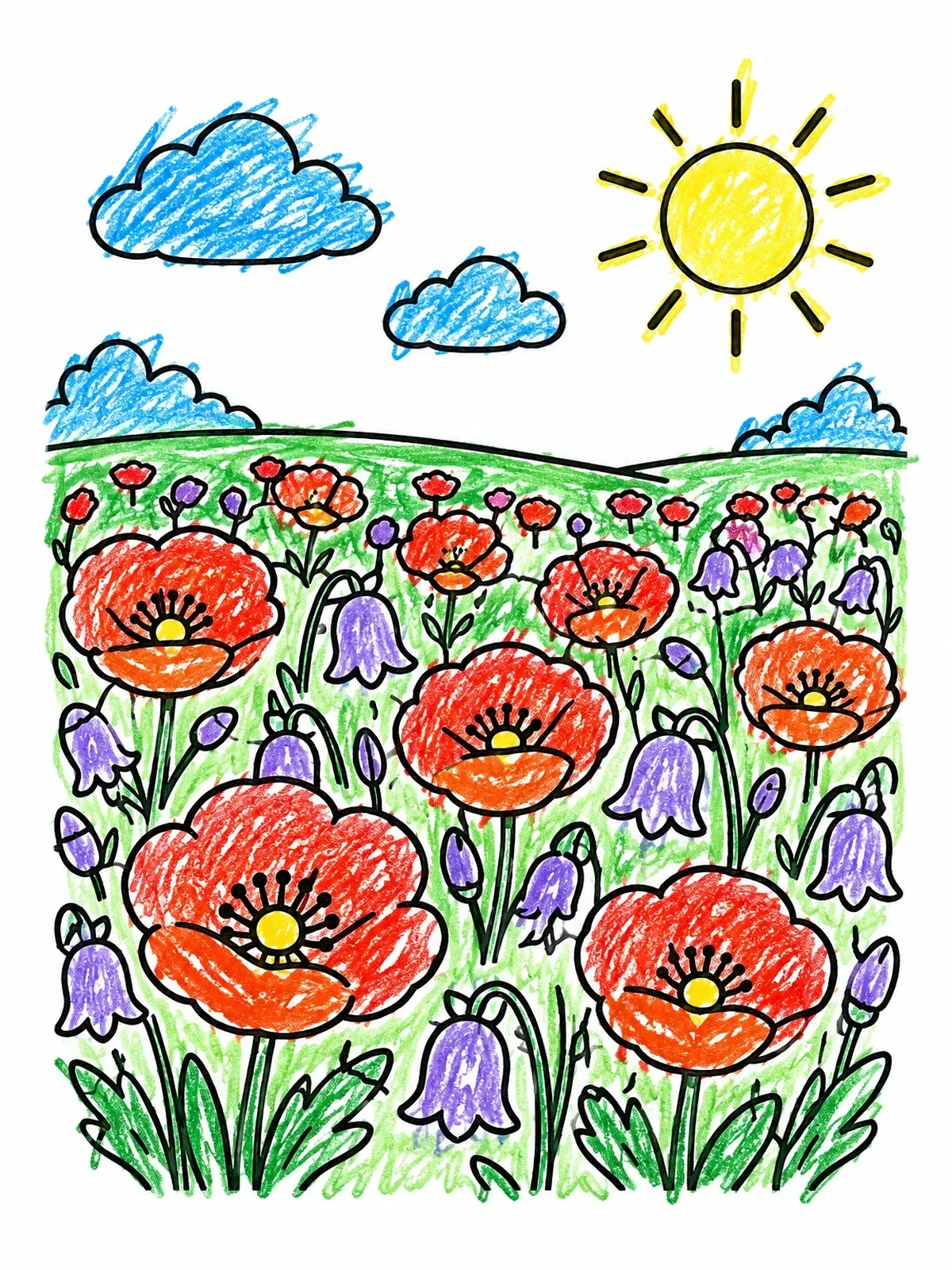 Colored example of the Sunny Field Of Poppies And Bellflowers coloring page