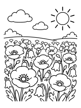 Free printable Sunny Field Of Poppies And Bellflowers coloring page