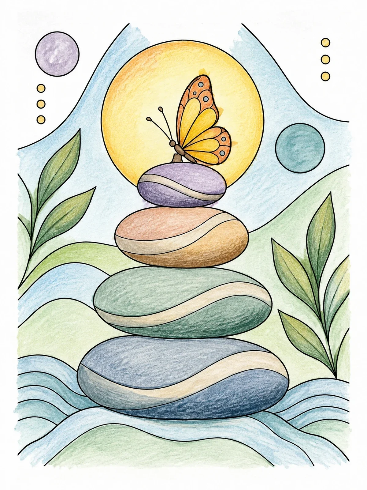 Colored example of the Balanced Stones With Gentle Butterfly coloring page
