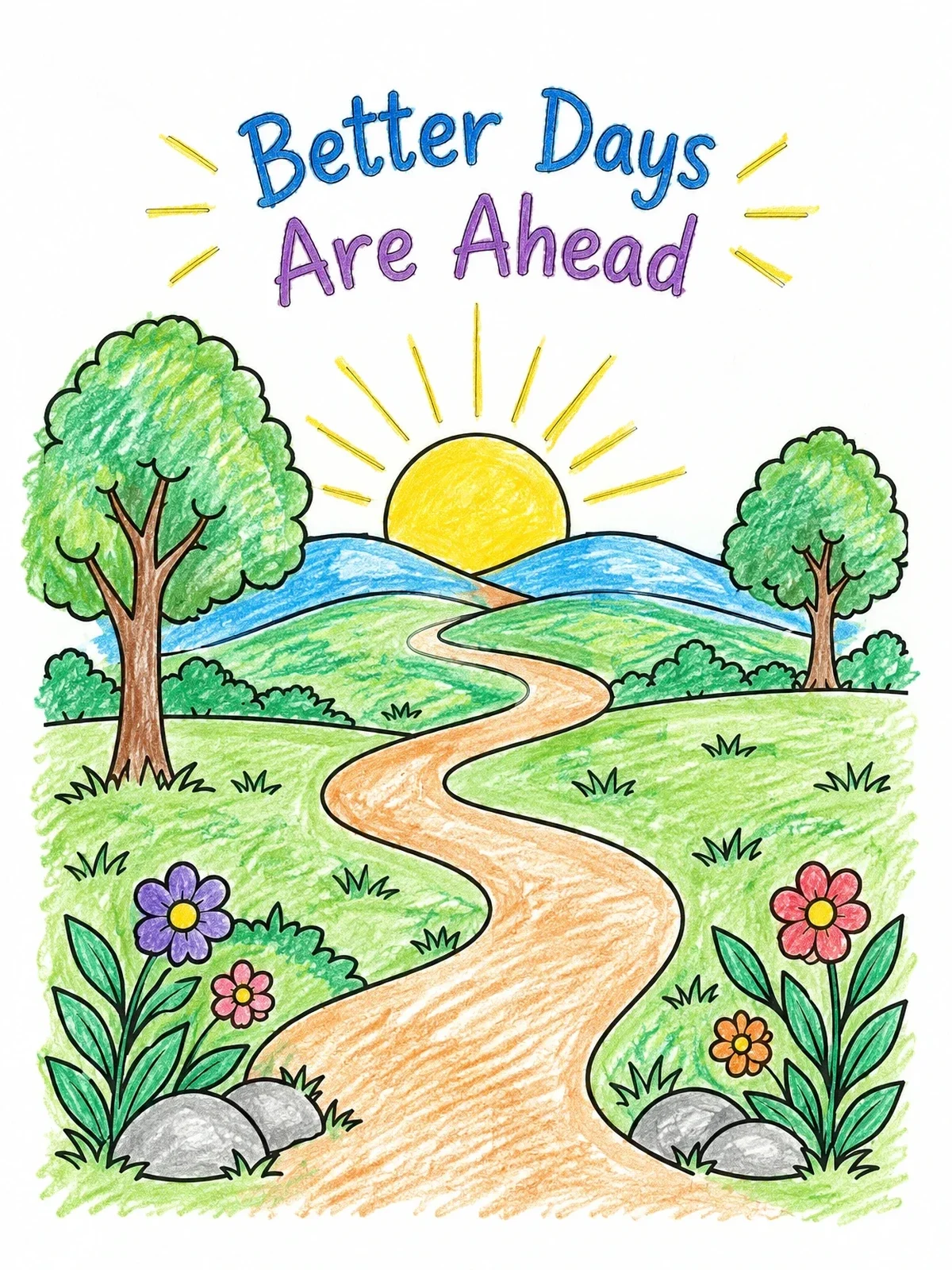 Colored example of the Better Days Ahead Sunrise Path coloring page