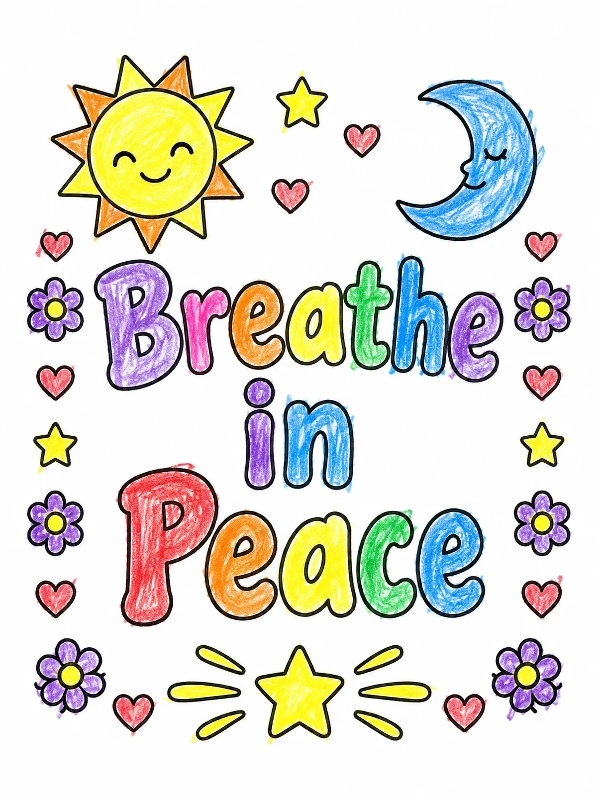 Colored example of the Breathe In Peace With Sun And Moon coloring page