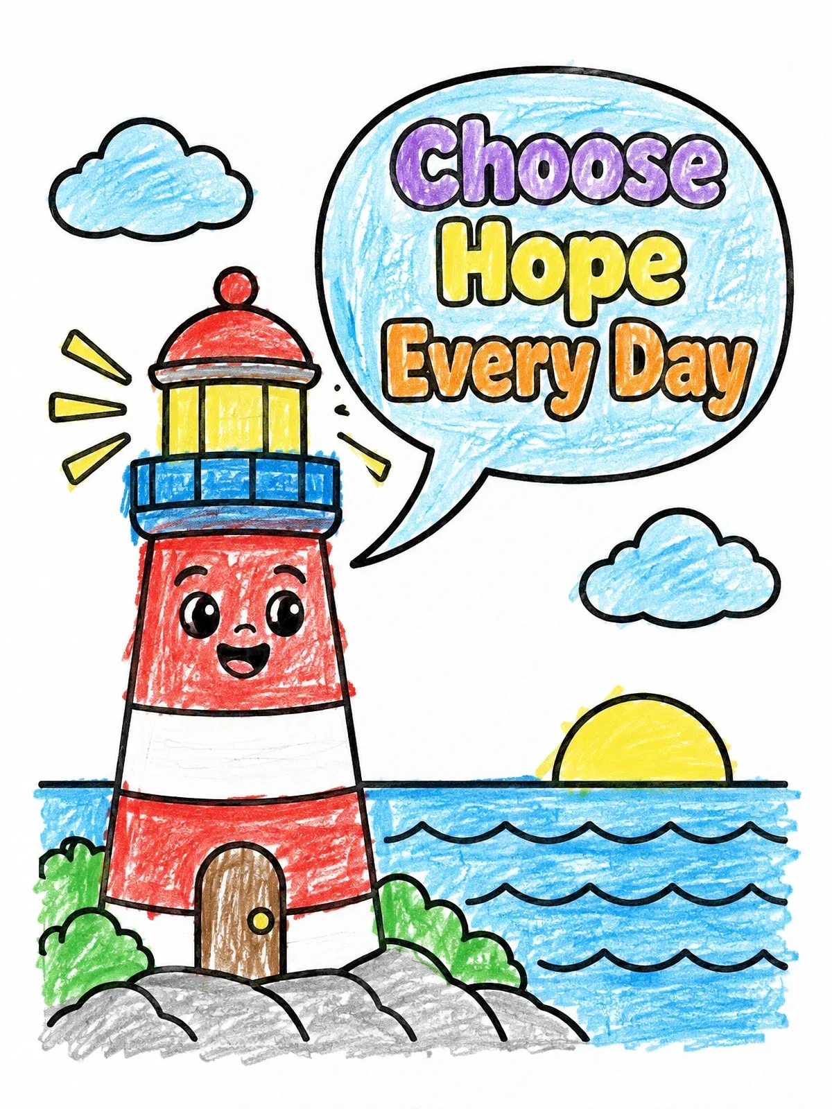 Colored example of the Cheerful Lighthouse With Hope Message coloring page