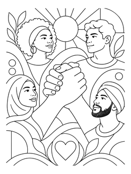 A diverse community surrounded by a meaningful coloring page with clasping hands.