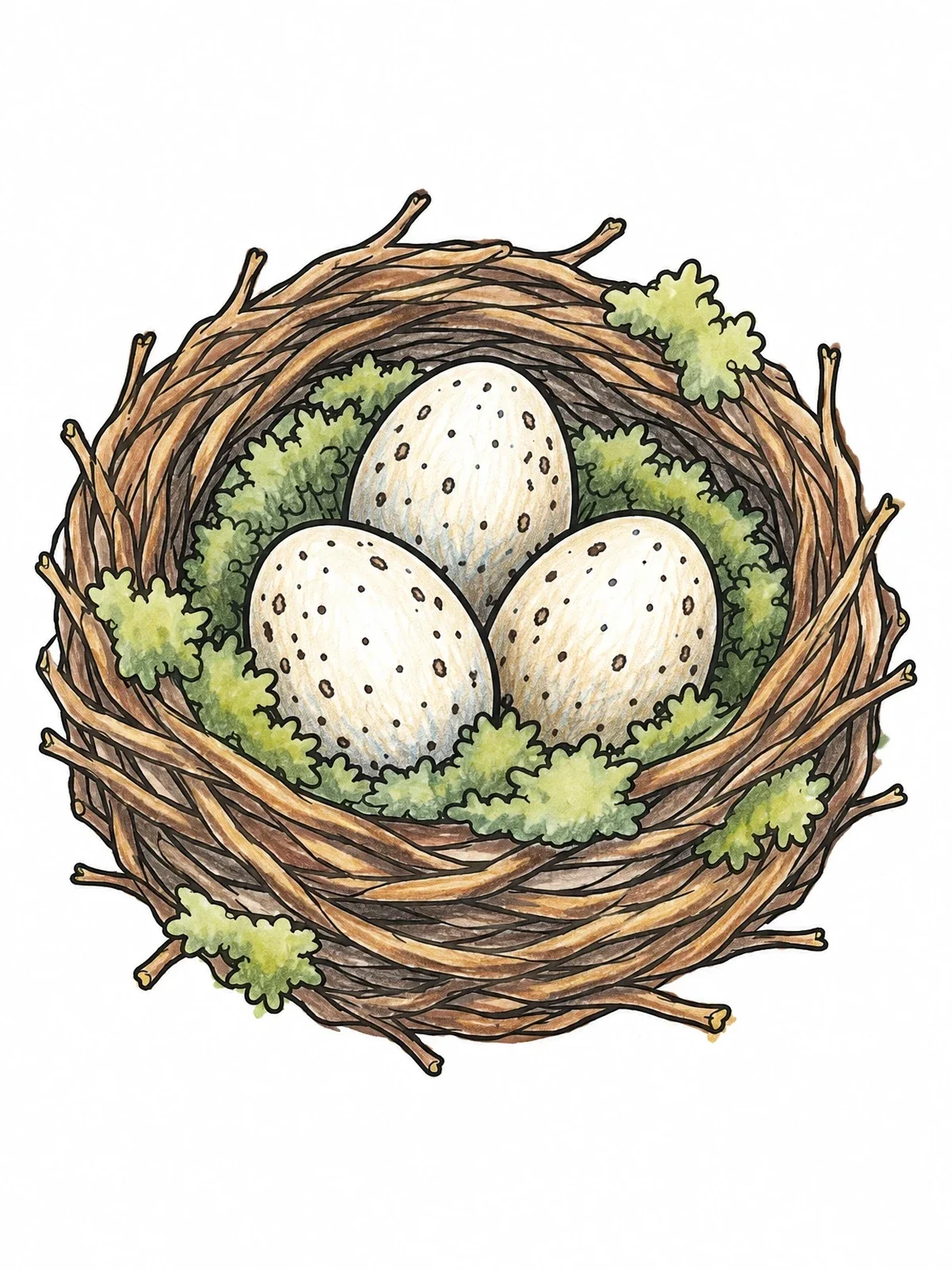 Colored example of the Cozy Bird Nest With Speckled Eggs coloring page