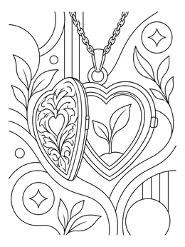An ornate heart locket opens to reveal a sprout in this meaningful coloring page.