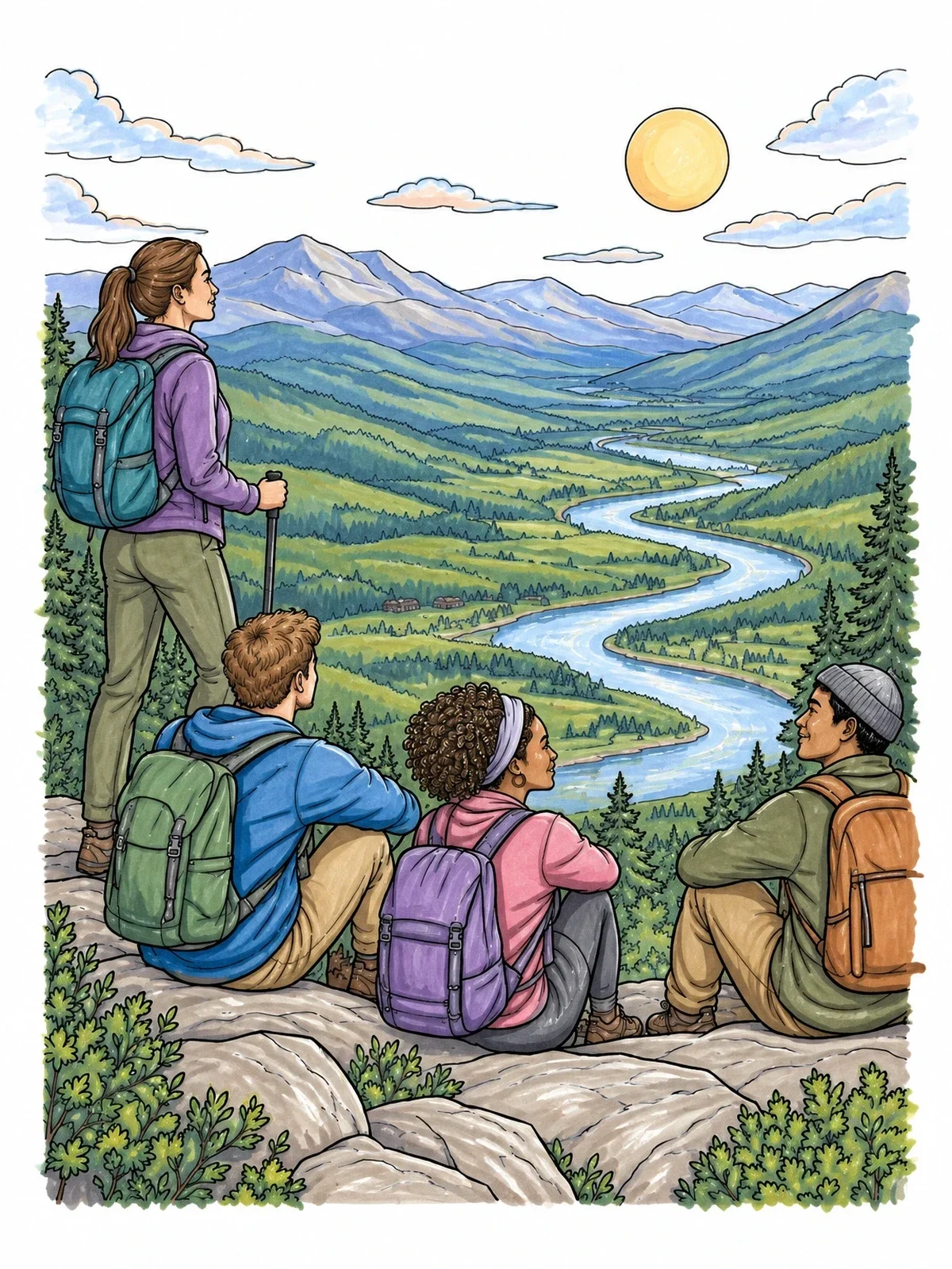 Colored example of the Hikers Overlooking A Mountain Valley coloring page