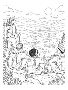 Free printable Hikers Overlooking A Mountain Valley coloring page