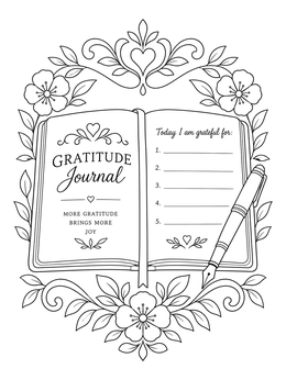 An open notebook with prompts beside a fountain pen in this meaningful coloring page.