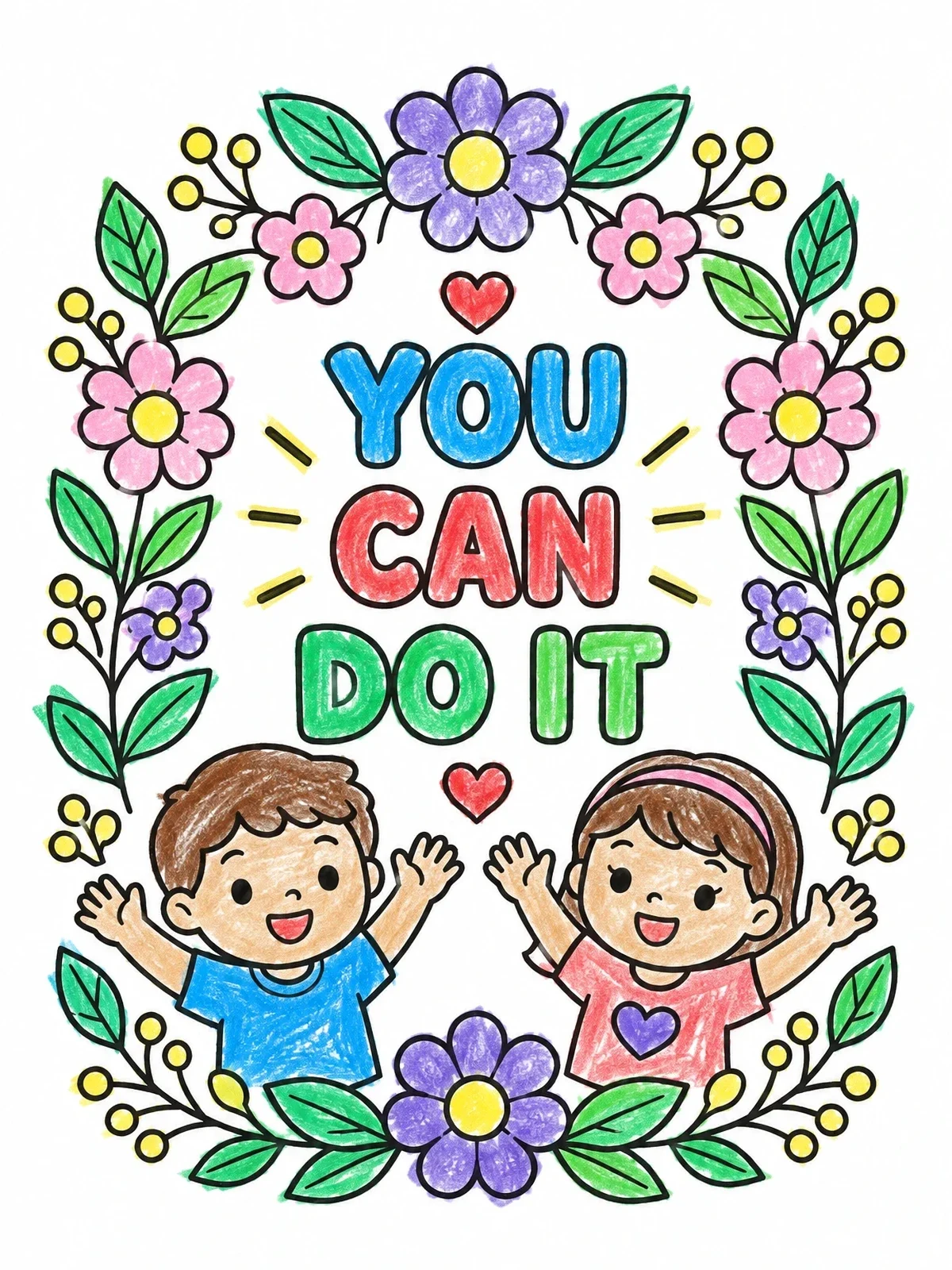 Colored example of the You Can Do It Floral Frame coloring page