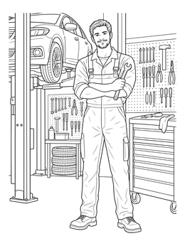 A friendly worker holding a wrench stands in this mechanic coloring page inside an auto workshop.