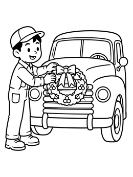 A cheerful mechanic coloring page showing a worker hanging a holiday wreath on a vintage truck.