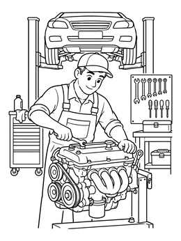 A friendly car mechanic coloring page showing a worker tuning an engine in a repair shop.