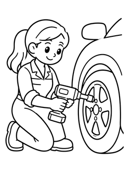 Free printable Mechanic Girl Changing Car Tire coloring page
