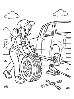 Free printable Mechanic Girl Changing Pickup Truck Tire coloring page