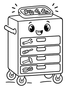 A cheerful rolling toolbox with drawers in this mechanic coloring page.