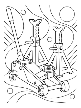 A hydraulic floor jack beside two sturdy jack stands in this mechanic coloring page.