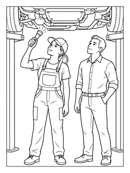 A female auto mechanic coloring page scene inspecting an elevated car beside a customer.