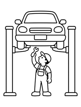 Free printable Mechanic Inspecting Car On Lift coloring page