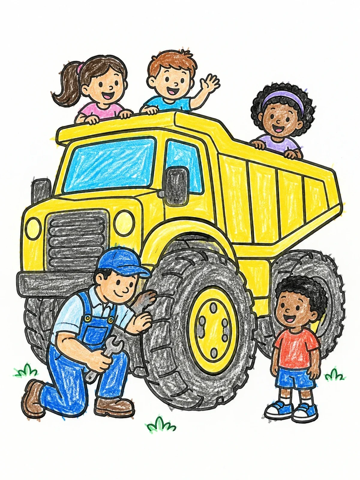 Colored example of the Mechanic And Kids With Big Dump Truck coloring page