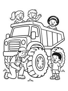 A mechanic checks a huge wheel on this friendly truck coloring page with smiling children.