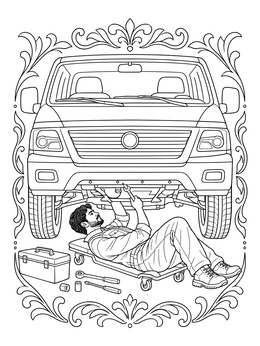 A detailed mechanic coloring page showing a man on a creeper repairing under a van.