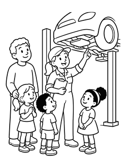 A friendly mechanic coloring page showing a worker pointing to a lifted car for kids.