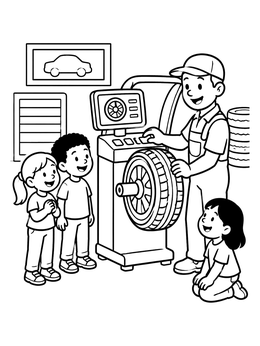 Free printable Mechanic Showing Tire Machine To Children coloring page