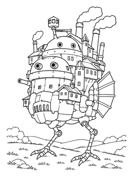A mechanical walking castle coloring page on giant bird legs roaming rolling hills.