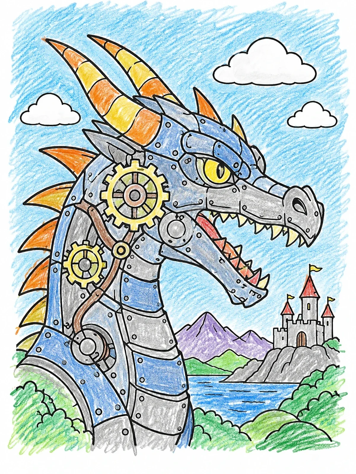 Colored example of the Mechanical Dragon By The Castle coloring page