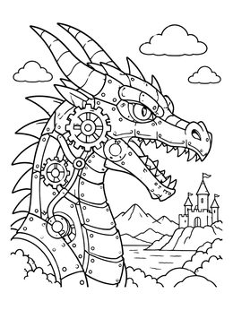 Free printable Mechanical Dragon By The Castle coloring page