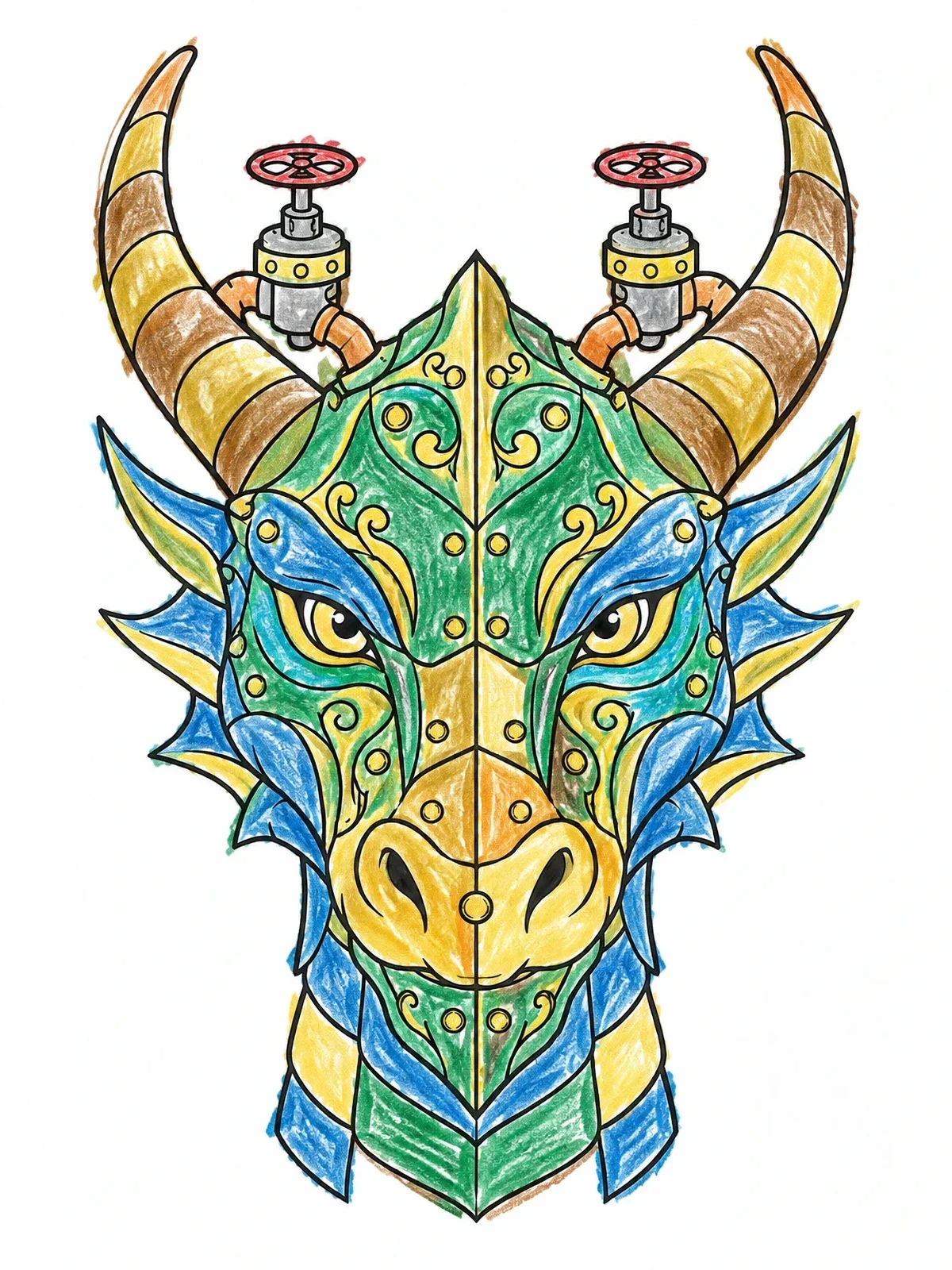 Colored example of the Mechanical Steampunk Dragon Portrait coloring page