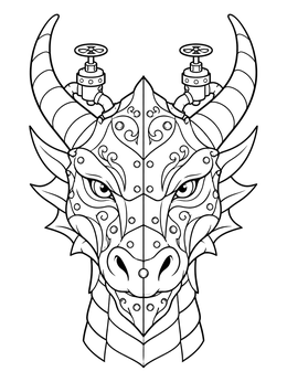 A detailed steampunk dragon coloring page featuring metallic plates and steam valves.