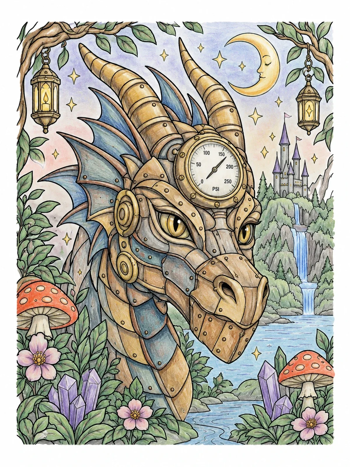 Colored example of the Mechanical Steampunk Dragon With Pressure Gauge coloring page
