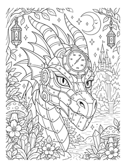 Detailed steampunk dragon coloring page with a pressure gauge, riveted metal plates, lanterns, and a distant castle.
