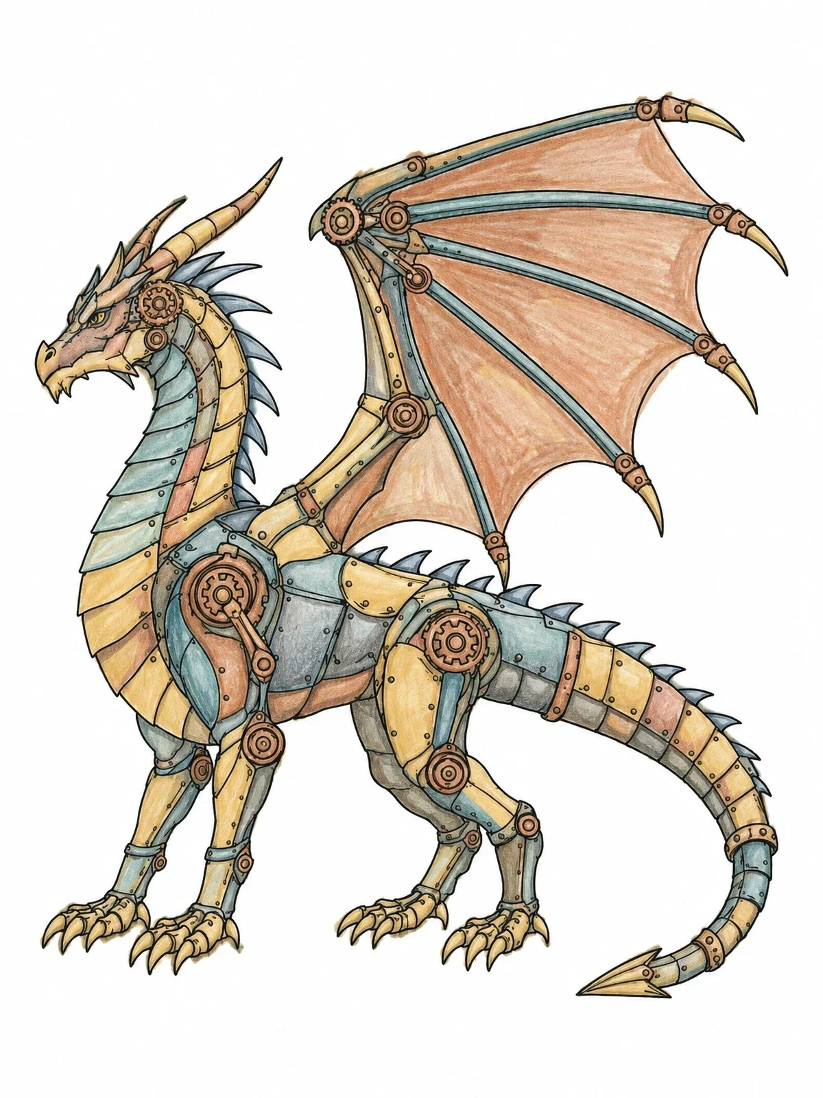 Colored example of the Mechanical Steampunk Dragon With Gears coloring page