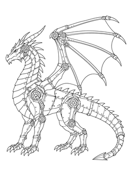 Detailed steampunk dragon coloring page featuring metallic plates and wing gears.